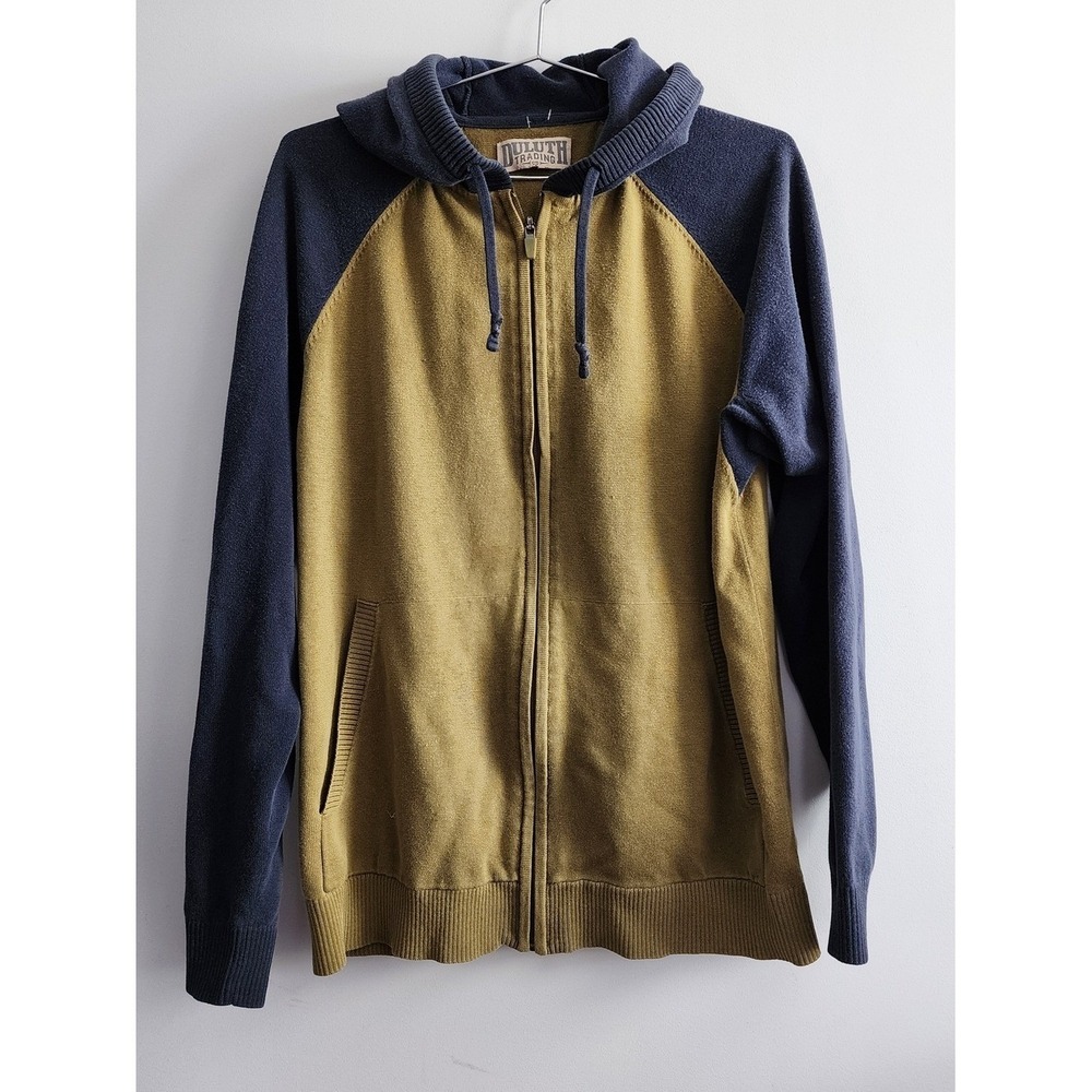 Duluth Trading Co Zip Up Hoodie Mens Large Mustard Navy Raglan Workwear Casual